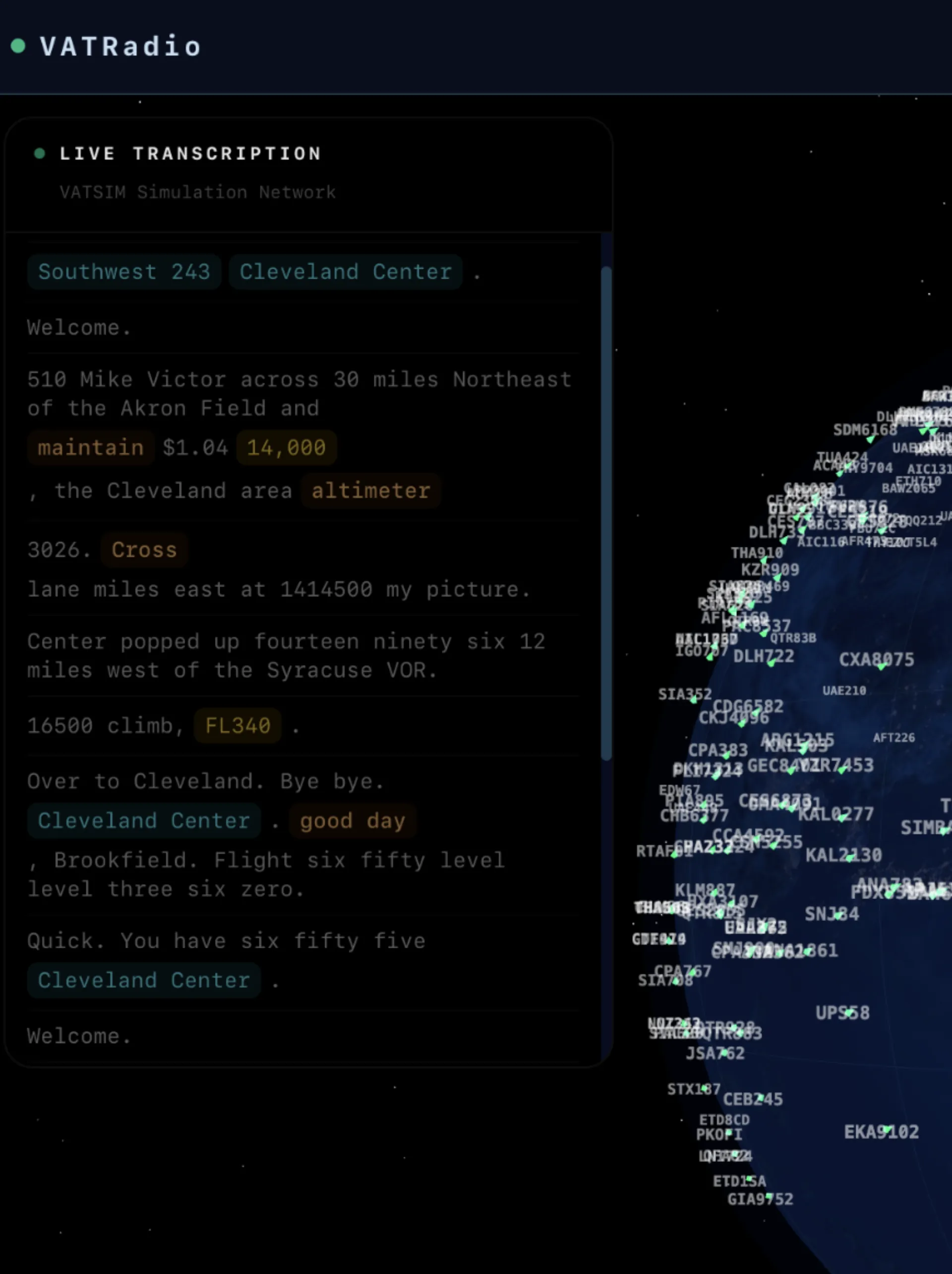 VATRADIO — transcription ATC en direct à côté d’un globe 3D du trafic VATSIM en temps réel